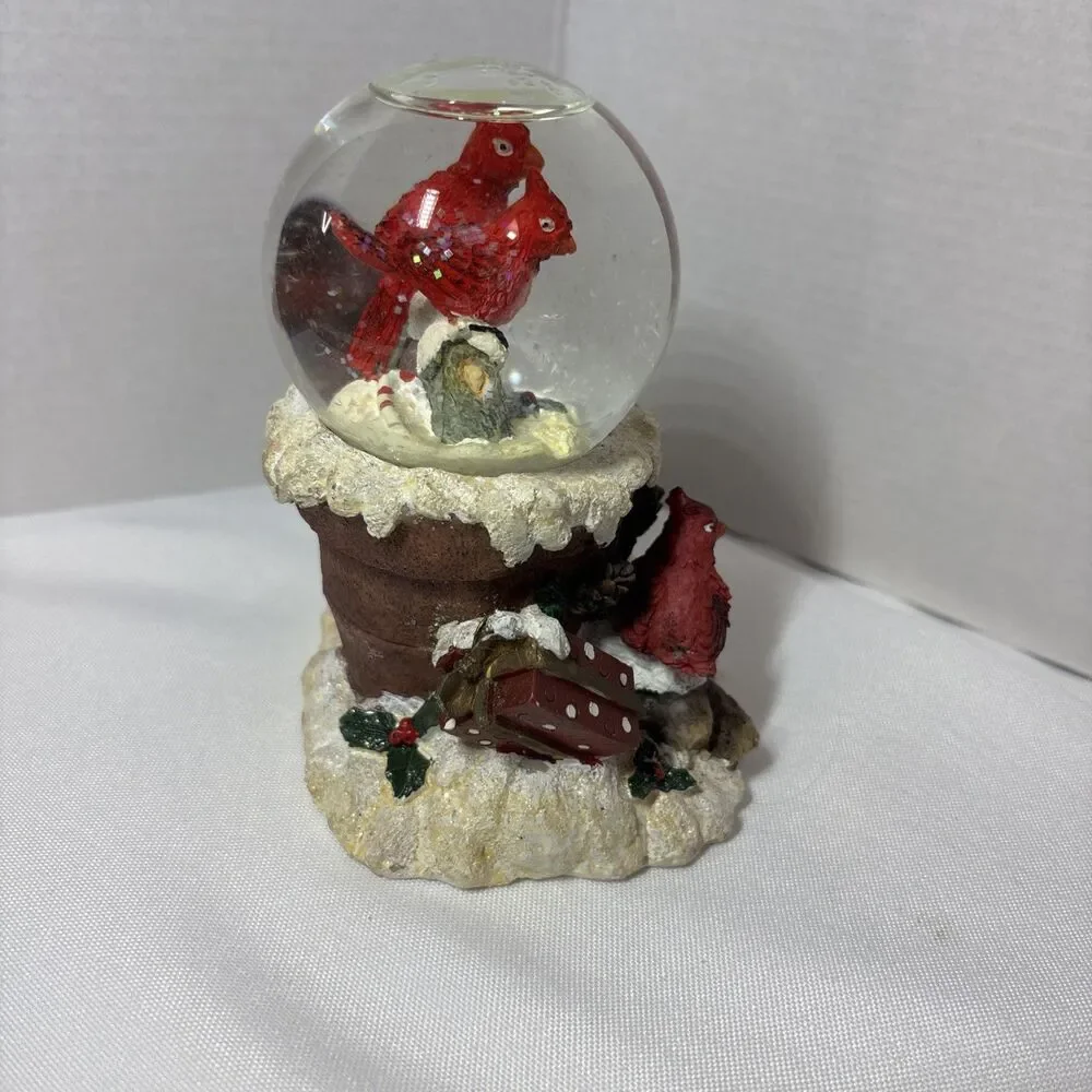 Cardinal Snow Globe on Chimney Base Winter Bird Decor 4.25